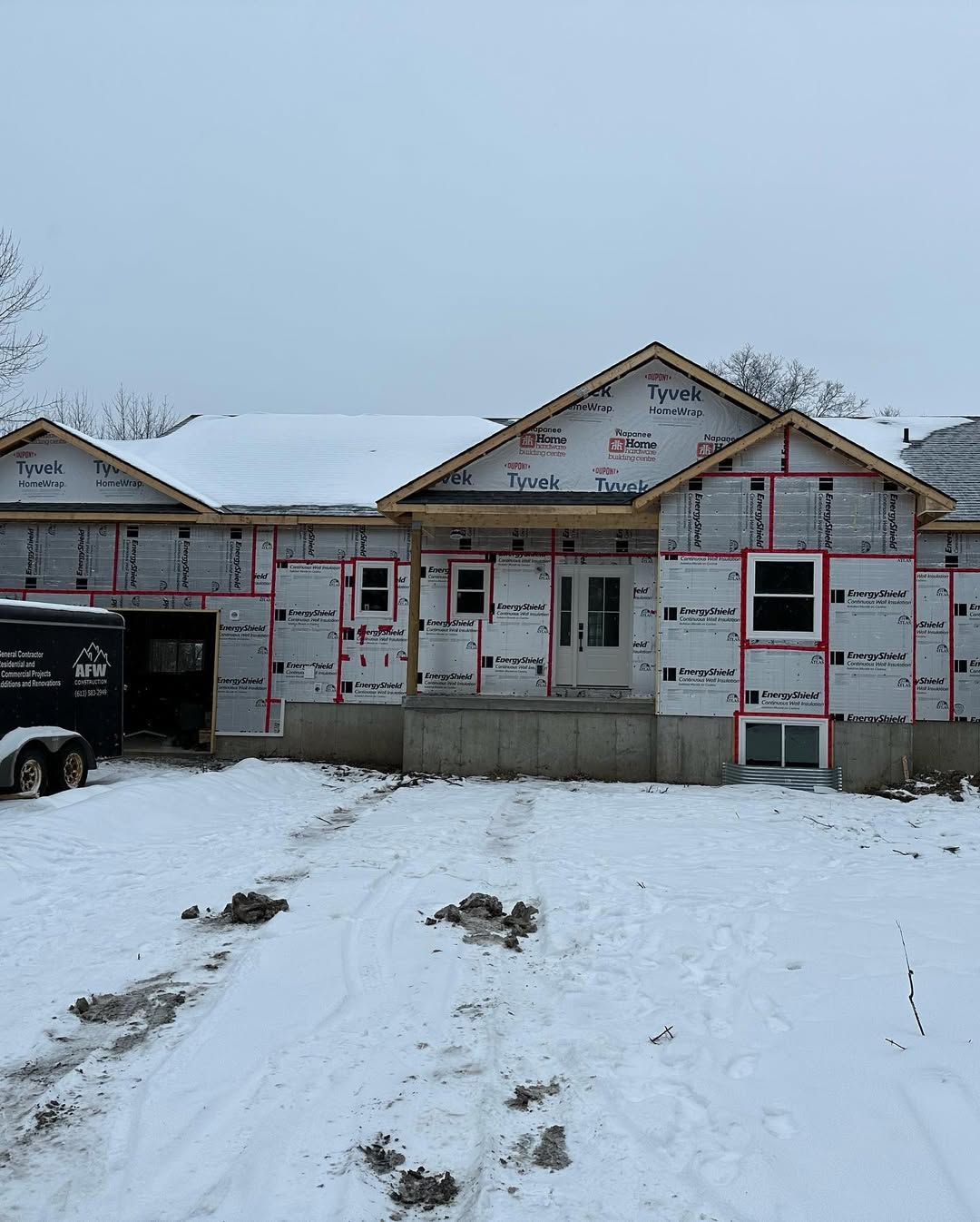 New home building built. Front view, waiting for siding