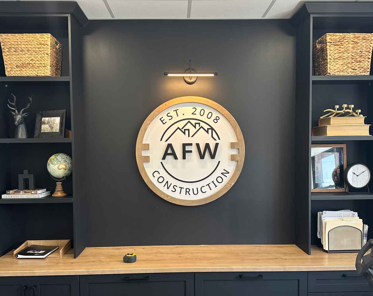 AFW Construction office signage in renovated building